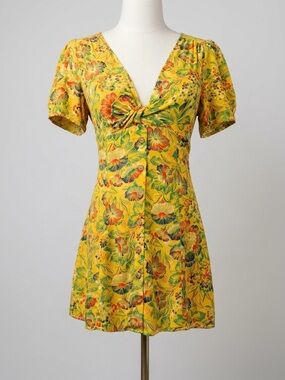 Urban Outfitters Yellow Floral Bettie Twist Front Mini Dress READ DESCRIPTION